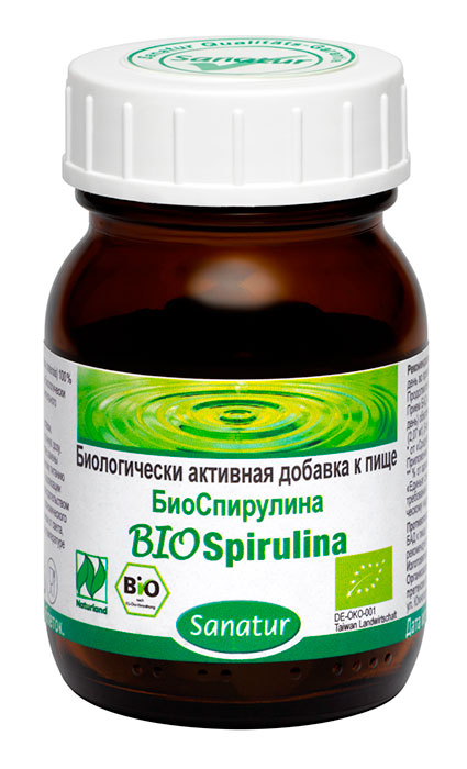 САНАТУР БиоСпирулина, 80 таблеток по 400 мг в стеклянной банке