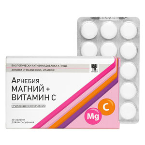 АРНЕБИЯ МАГНИЙ + ВИТАМИН С, таблетки для рассасывания по 30 штук в блистерах в картонной пачке